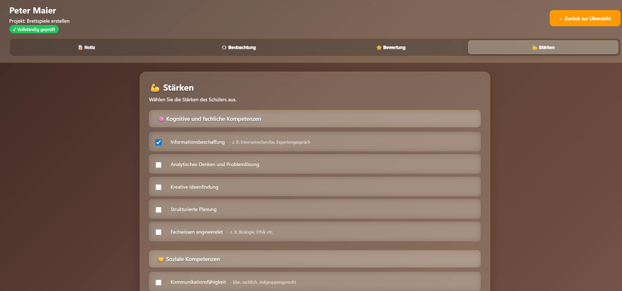 Beobachtungskategorien Ansicht 1